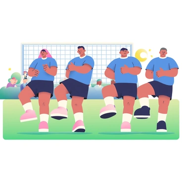 A group of athletes from a sports team is lined up on a grassy field, performing heel taps as part of their warm-up routine. Each athlete is wearing matching bright blue jerseys and black shorts. They are focused, with expressions of determination on their faces. The sun is shining down, casting shadows on the ground, and the grass is vibrant green. In the background, a set of goalposts can be seen, along with a few spectators watching the team's practice. The athletes' feet are lifted in sync, tapping their heels together, while their arms are moving in a rhythmic motion to maintain balance.