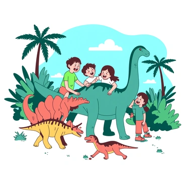 A group of children is playing joyfully among friendly dinosaurs in a prehistoric landscape. There are three dinosaurs: a teal brontosaurus standing tall, a playful orange triceratops crouched down, and a small yellow velociraptor running around excitedly. The children, dressed in colorful outfits, are laughing and interacting with the dinosaurs, some attempting to climb onto the back of the brontosaurus. In the background, there are lush green ferns and towering palm trees, creating a vibrant atmosphere in the prehistoric setting. The sky is a bright blue, adding to the lively scene.
