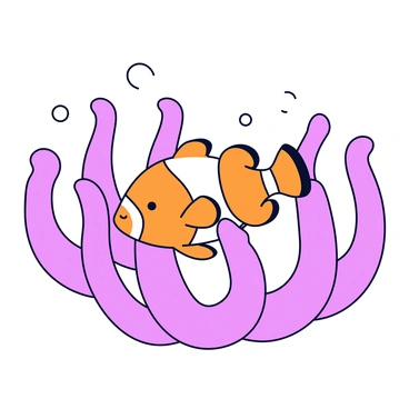 A clownfish with vibrant orange and white stripes is playfully darting among the flowing tentacles of a sea anemone. The tentacles are long and wavy, displaying a soft gradient of purple and pink colors. The clownfish has a curious expression, its fins fully extended as it navigates through the delicate and textured environment created by the anemone's tentacles. Small bubbles rise around them in the clear water, adding to the playful scene.