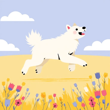 A Samoyed frolicking through a vast field of wildflowers under a clear sky