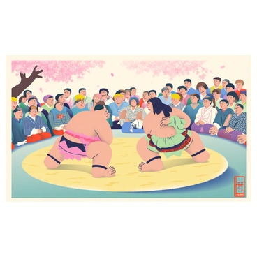 A traditional Japanese woodblock print features a sumo wrestling scene. Two wrestlers, one with a shaven head and a dark mawashi, and the other with long hair and a light-colored mawashi, are engaged in a fierce match on a sandy ring. Surrounding them are spectators wearing colorful kimonos, sitting on tatami mats, with expressions of excitement. Cherry blossom trees can be seen in the background, their pink petals gently falling, adding to the atmosphere of the event. The print includes intricate patterns and textures, enhancing the traditional feel of the artwork.