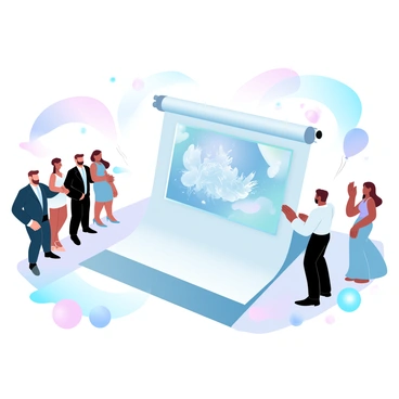 A large, colorful illustration is being unveiled at the V&A Awards event. The illustration showcases intricate details and vivid imagery, capturing the attention of the audience. On one side, a group of people in formal attire, including men in suits and women in elegant dresses, stand in anticipation. They are facing the illustration with expressions of admiration. The background is adorned with soft, gradient pastel colors that enhance the atmosphere of the event. A spotlight is focused on the illustration, highlighting its stunning features. Balloons and decorative elements are arranged around the unveiling area, adding to the celebratory ambiance.