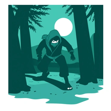 A teal ninja dressed in a dark outfit is stealthily moving through shadows cast by tall, outlined trees. The moonlight creates a stark contrast, illuminating the ninja's intense expression of focus. The ninja is crouched low, with one foot carefully placed in front of the other, ensuring silence with each movement. Around the ninja, the dark shadows are interspersed with hints of light filtering through the leaves, enhancing the atmosphere of secrecy and stealth.