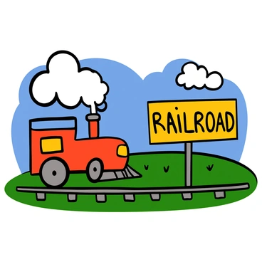 A colorful cartoon illustration of a train passing by on a track that resembles a Monopoly railroad property. The train is bright red with large, cartoonish wheels and smoke billowing from its chimney. The track is surrounded by vibrant green grass and a blue sky with fluffy white clouds. The Monopoly railroad property sign is prominently displayed next to the track, featuring the classic design with bright colors and bold lettering. The scene conveys a playful and whimsical atmosphere.