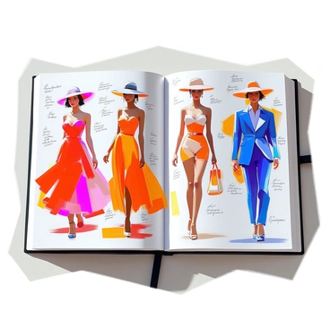 An open fashion illustration portfolio is displayed, featuring a collection of vibrant sketches. The sketches portray runway models with diverse appearances, showcasing a variety of outfits. Each model is depicted in dynamic poses, highlighting the movement and flow of the clothing. The outfits include a mix of textures and colors, ranging from a flowing gown in deep red to a structured suit in bright blue. Accessories like oversized hats and elegant jewelry complement each look. The sketches are presented on textured pages, surrounded by elegant handwritten notes describing each outfit.