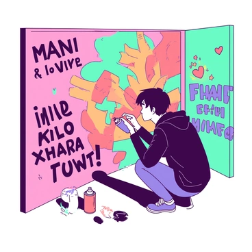 An emo teen with dyed black hair and wearing a black hoodie is spray painting on a large wall covered in colorful graffiti. The wall features a mix of bright shades, including swirls of orange and teal, and is filled with various emotional phrases expressed in bold lettering. The teen is crouched down, focused on adding intricate details to a heart design, while cans of spray paint in assorted colors lie scattered around. The atmosphere is lively and expressive, reflecting the teen's creativity and emotional state.