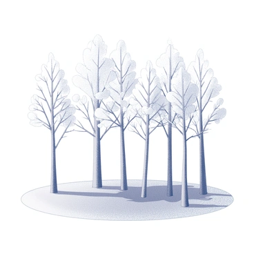 A forest landscape with tall, slender trees standing closely together. Each tree is dusted with a thin layer of fresh snow on its branches, creating a delicate contrast against the bark. The ground is blanketed in the same pristine snow, reflecting the stillness of the surroundings. Soft shadows are cast by the trees, marking the snowy surface beneath. A sense of tranquility pervades the scene, with no signs of movement or sound within the serene environment.