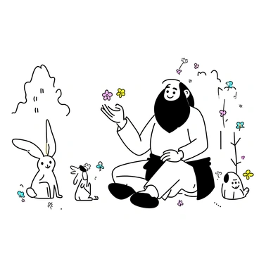 A gentle giant telling stories to small creatures gathered around