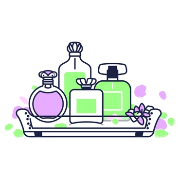 An elegant collection of perfume bottles is arranged on a mirrored tray. The tray has ornate edges and reflects the light, enhancing the display. Each bottle has a unique shape and design, with intricate details on their surfaces. Some bottles have decorative stoppers, while others feature elegant labels. Surrounding the tray are delicate flower petals scattered, adding a touch of sophistication. A soft light source creates gentle highlights on the glass, emphasizing the beauty of the collection.