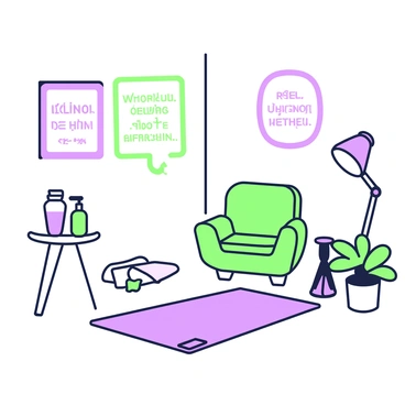 A room is arranged specifically for performing jelqing exercises. The space features soft, adjustable lighting that creates a relaxed atmosphere. In one corner, there is an exercise mat laid out neatly on the floor. Beside the mat, a small table holds a bottle of lotion and a towel. The walls are decorated with motivational quotes framed in simple style. A comfortable chair is positioned nearby, and a small plant adds a touch of greenery to the setup. The overall ambiance is tranquil and inviting, perfect for focusing on personal wellness.