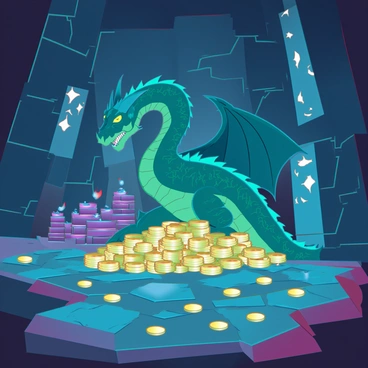 An underground lair with high stone walls, dimly lit by flickering torches attached to the sides. Piles of gold coins and sparkling jewels are scattered across the stone floor, glinting in the low light. At the center of the lair, a large, green-scaled dragon with glowing yellow eyes is coiled protectively around the treasure. The dragon's wings are partially unfurled, showcasing intricate patterns etched into its scales. Stacks of ancient artifacts and ornate weapons are arranged meticulously around the dragon, adding to the atmosphere of wealth and danger. The air is thick with a sense of mystery and the faint smell of sulfur.