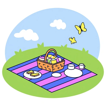 A picnic scene set in a sunny park with bright blue skies. A colorful checkered blanket is spread out on the green grass. In the center of the blanket sits a wicker basket filled with assorted treats such as sandwiches, fruits, and pastries. Nearby, there are a few small plates and cups arranged neatly on the blanket. A couple of butterflies flutter above the picnic area, adding a lively touch to the scene.