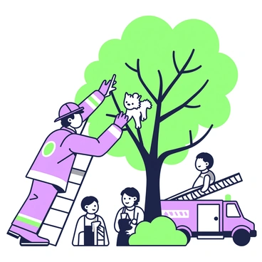 A firefighter in a uniform is climbing a ladder to rescue a small kitten from a tree. The firefighter wears a helmet and holds onto the ladder with one hand while extending the other hand towards the frightened kitten. The tree has thick branches and lush green leaves, creating a natural backdrop. The kitten is perched on a branch, looking down with wide eyes. Below the tree, a small crowd of onlookers watches the rescue, with expressions of concern and hope on their faces. A fire truck with bright markings can be seen parked nearby.