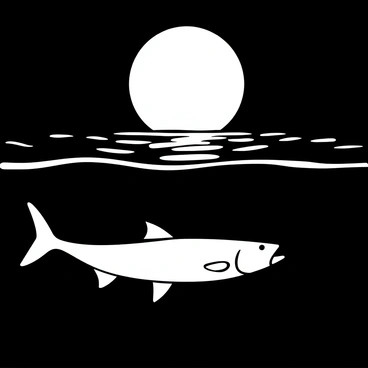 A tarpon swimming gracefully beneath the surface of the water, its elongated body gliding smoothly. The full moon is positioned above, casting a silvery light that creates shimmering reflections on the water's surface. The moonlight illuminates the underwater scene, highlighting the tarpon's sleek shape and the ripples surrounding it. The water appears to be calm with gentle waves, enhancing the tranquil atmosphere of the night.