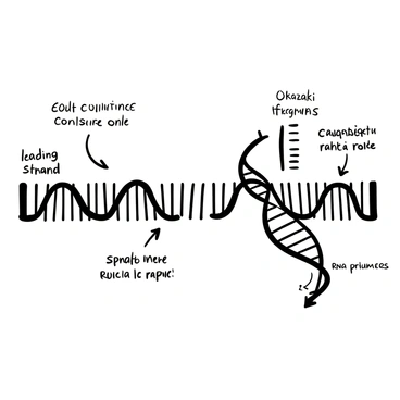 A black-and-white illustration depicting the process of DNA replication. On the left side, the "leading strand" is shown being synthesized continuously, with DNA polymerase and a series of nucleotides aligned in a straight formation. On the right side, the "lagging strand" is illustrated with segments called Okazaki fragments, spaced apart with RNA primers indicated by small labels. The direction of synthesis is marked with arrows, showing that the leading strand moves toward the replication fork while the lagging strand moves away from it. The double helix structure of DNA is prominently displayed in the center, with strands separating to reveal the synthesis process.