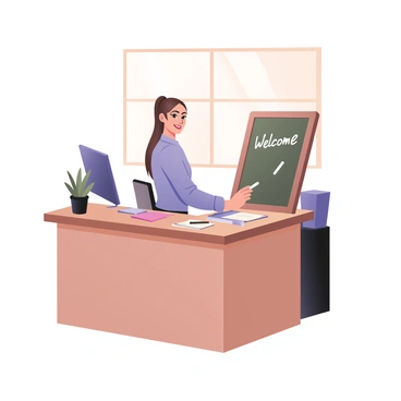 An illustration of a receptionist drawing a welcome sign on a chalkboard at the entrance.