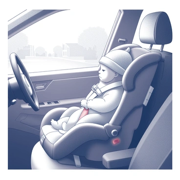 A newborn baby securely strapped into a car seat, positioned in the backseat of a car. The car seat features soft padding and a five-point harness system ensuring safety. The baby is swaddled in a light blanket, with a small knit hat on their head. Sunlight streams through the car window, casting a gentle glow on the baby’s face. The interior of the car is equipped with standard features, including a steering wheel and dashboard in the foreground. The sense of a new journey is highlighted by the car’s visible movement through a suburban neighborhood.