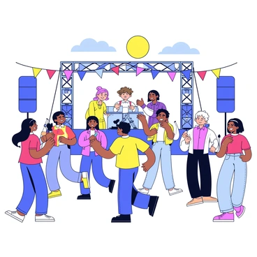 Peeps enjoying live music at an outdoor festival with a colorful stage
