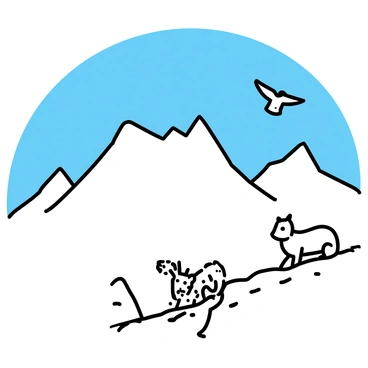 A mountain range with several snow-covered peaks under a clear blue sky. A pair of eagles is soaring above the highest peak, gliding gracefully with wings spread wide. On a rocky ledge, a group of mountain goats is grazing, their sturdy bodies blending in with the rugged terrain. In a nearby valley, a snow leopard is resting on a boulder, its spotted fur providing camouflage against the rocks. The scene captures the beauty of the diverse wildlife in this mountainous landscape.
