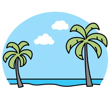 A tropical beach scene featuring tall palm trees with slender trunks and wide, green fronds swaying gently in the breeze. The sand is pristine and white, meeting the edge of the turquoise waters that reflect the sunlight. In the distance, gentle waves create a soft rhythm as they lap at the shore. A clear blue sky stretches overhead, with a few fluffy white clouds drifting lazily.