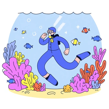 A diver in a wetsuit is swimming through a vibrant coral reef. The coral is richly detailed, showcasing various shapes and textures in bright colors like pink, orange, and yellow. Surrounding the diver are schools of colorful fish, including small clownfish and blue tangs, darting playfully among the corals. Sunlight filters through the water, casting shimmering patterns on the sand below. The diver is equipped with a snorkel and fins, gliding effortlessly past the reef.