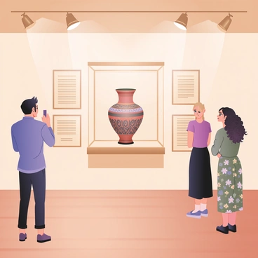 A digital flat illustration depicting an ancient artifact prominently displayed in a well-lit museum. The artifact, a beautifully crafted pottery vase with intricate designs and vibrant colors, is centered on a glass shelf. Surrounding the vase are several detailed informational plaques mounted on the wall, each containing text in elegant font that provides historical context and significance. The museum's walls are painted in a soft beige, and there is a polished wooden floor reflecting the warm light from overhead spotlights. A few visitors, a man with dark hair wearing a blue shirt and a woman with curly hair in a floral dress, can be seen admiring the artifact in the background.