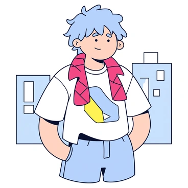 A trendy young person with short, tousled hair is wearing a bold, oversized street-style collar. The collar is bright red with a geometric pattern. The young person has a relaxed expression and is dressed in a loose-fitting graphic t-shirt. They are standing in an urban environment, with simple shapes and lines suggesting buildings in the background. The outfit reflects a modern and fashionable vibe.