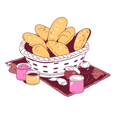 A wicker basket overflowing with freshly baked bread and jars of colorful jam beside it.