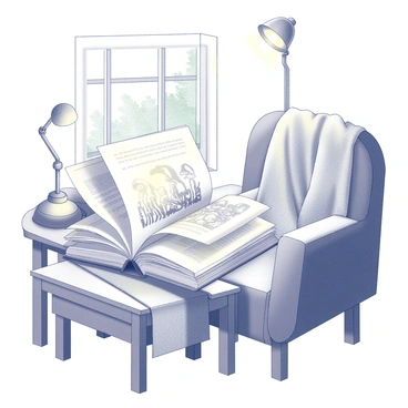 An open book resting on a small wooden table. The pages of the book display intricate illustrations with detailed patterns. A cozy reading nook surrounds the book, featuring a plush armchair and a soft throw blanket draped over the side. A small lamp emits a warm glow, illuminating the pages of the book. A window nearby shows a hint of greenery outside, complementing the inviting atmosphere of the nook.