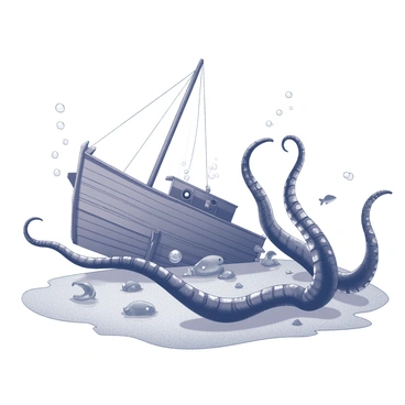 A shipwreck resting on the ocean floor, partially covered in sand and marine growth. The vessel's hull is broken and battered, with jagged edges and a tattered sail. Surrounding the ship are several large tentacles of a kraken, wrapping tightly around the wreckage, appearing textured and muscular. The tentacles have suckers visible along their length, and some are partially submerged in the water. Schools of small fish swim around the scene, adding movement to the stillness of the sunken ship. Bubbles rise from the cracks in the ship, creating a sense of depth and mystery in the underwater setting.