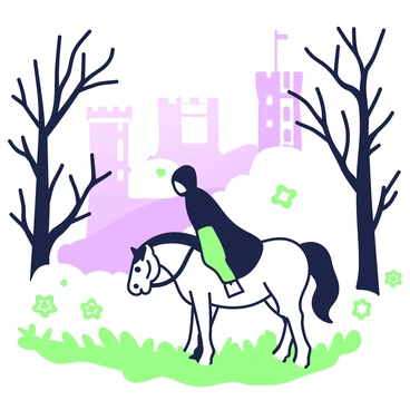 A solitary rider on horseback is emerging from thick morning mist in a medieval setting. The rider is clad in a dark cloak, with a hood obscuring their features. The horse is a large, sturdy breed, with a flowing mane and a strong build. Surrounding them, tall trees with twisting branches reach out, partially shrouded in mist. In the background, a stone castle's silhouette rises, its towers extending into the fog. The ground is covered with dew-kissed grass, and faint outlines of wildflowers can be seen peeking through the mist.