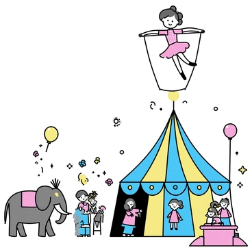 A vibrant circus scene, showcasing a high-flying trapeze artist performing aerial stunts above the audience. The performer is dressed in a bright red costume with sparkling sequins. Below, a colorful striped tent is visible, with stands filled with spectators in various clothing. Magical animals, such as an elephant adorned with a glittery headdress and a peacock with iridescent feathers, are positioned near the base of the tent. Streamers and colorful balloons are scattered throughout the atmosphere, enhancing the festive ambience of the event.