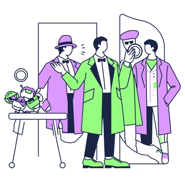 An agent is standing in a mirrored room, surrounded by multiple reflections of themselves. They are trying on various costumes and disguises. One costume is a sleek black tuxedo, while another includes a vibrant superhero outfit with a cape. Nearby, a vintage detective outfit with a fedora and trench coat is displayed. The agent looks into the mirror, adjusting the hat while holding a magnifying glass in their left hand. To the side, there is a table with several masks and accessories, such as sunglasses and props, adding to the playful atmosphere of the scene. The mirror reflects the various costumes, creating a kaleidoscope of images.