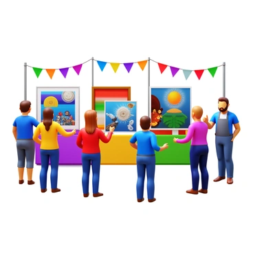 A group of artists standing at their individual booths showcasing their artworks. Each artist has a distinct style, with paintings, sculptures, and handcrafted items displayed prominently. The scene captures a lively interaction among the artists as they discuss their techniques and inspiration. Various colors and textures are present in the artworks, creating a vibrant atmosphere. The artists are engaged in conversation, with some gesturing towards their pieces while others take notes or sketch ideas. Bright banners and decorations enhance the community fair's ambiance.