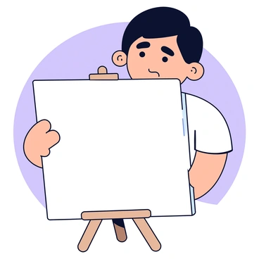 A close-up of a player with a puzzled expression on their face. The player has short dark hair and is wearing a simple white t-shirt. Their eyes are wide, and their eyebrows are raised, conveying confusion. In front of the player is a blank canvas, positioned upright on an easel. The canvas is completely white, with no markings or colors, emphasizing the player's bewilderment. The background is a soft, muted color to keep the focus on the player and the canvas.