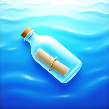 A glass bottle floating on the surface of the ocean. The bottle has a cork stopper at the top, and inside, there is a rolled-up note secured with a thin string. The ocean water is a deep blue, with gentle waves creating ripples around the bottle. Sunlight reflects off the glass, creating shimmering highlights. The scene captures a serene moment, emphasizing the bottle and its contents against the vastness of the sea.