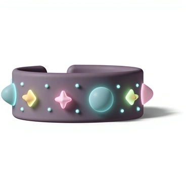 A close-up view of a mystical dog collar. The collar is adorned with intricate designs featuring "moon" and "star" shapes that are elegantly crafted. The collar has a rich, deep color, contrasting beautifully with the "glowing" accents. The subtle luminescence emits a soft, enchanting light, casting gentle shadows on the surface beneath. Small embellishments, such as tiny gemstones, are embedded among the shapes, enhancing its magical appearance.