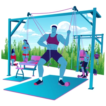 An outdoor gym is set in a sunny environment with bright blue skies. A well-built individual with medium skin tone is performing cable crossovers using a cable machine. The person is wearing a fitted tank top and shorts, showcasing their muscular physique. The ground is covered with rubber mats, and nearby, there are other gym equipment such as dumbbells and benches. Lush greenery surrounds the area, and a few people can be seen in the background, engaging in various exercises. The sun casts distinct shadows, highlighting the intensity of the workout.