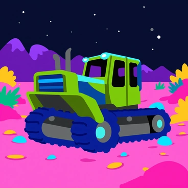 A sleek, futuristic bulldozer with a smooth, aerodynamic design, featuring glowing blue and green parts, is positioned prominently on an alien planet landscape. The bulldozer's tracks are wide and robust, showing intricate details and textures. The environment around it includes vibrant, multicolored rocks and unusual plant life with bright, luminescent leaves. A dark, starry sky provides a striking backdrop, while distant mountains with unusual shapes rise along the horizon. The surface beneath the bulldozer is uneven and covered with a mix of bright-colored dust and small, shimmering stones.