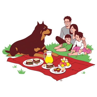 A brown and black rottweiler is sitting attentively in a grassy area during a family picnic. The dog has its ears perked up and a focused expression, watching a red picnic blanket spread out in front of it. On the blanket, there are various types of food including colorful sandwiches, bright fruits, and a big yellow pitcher of lemonade. Surrounding the blanket, family members can be seen laughing and enjoying each other's company, while the rottweiler eagerly anticipates a tasty treat.