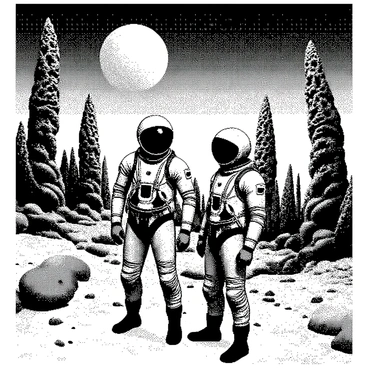 Two astronauts in futuristic spacesuits are standing on the surface of an alien planet. They are surrounded by a variety of unique landscapes, including towering rock formations that twist and spiral into the sky. In the background, there are strange, bulbous plants with intricate textures that rise from the ground. The ground is uneven and scattered with unusual mineral deposits that reflect light in different ways. One astronaut is examining a peculiar rock with an unusual shimmer, while the other is looking up at a two-sun sky filled with swirling clouds.