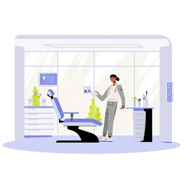 A spacious futuristic dental office featuring sleek white walls and glass panels that give an open feel. High-tech dental equipment is arranged neatly, including a modern dental chair with integrated controls and a large digital monitor displaying patient information. A robotic dental assistant with a shiny metallic finish is positioned beside the chair, ready to assist. The office is illuminated by soft, ambient lighting that highlights the advanced technology throughout. Various dental tools are organized in clear containers on a counter, and a digital screen on the wall shows a friendly greeting message.