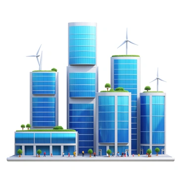 A futuristic cityscape featuring innovative structures designed to harvest energy from wind and light. The buildings are sleek and modern, with large solar panels integrated into their facades. Wind turbines are strategically placed on rooftops, spinning gently in the breeze. The structures have glass exteriors reflecting sunlight, creating a dynamic play of light. Green spaces and vertical gardens are visible on balconies, adding a touch of nature to the urban environment. People are walking on the streets, showcasing a vibrant community engaged with renewable energy technology.