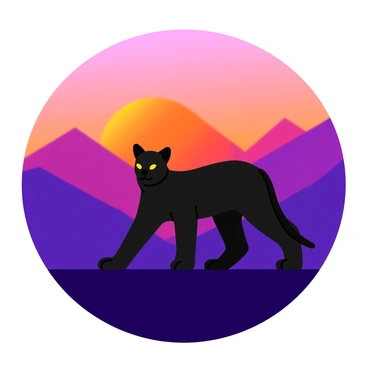 A puma is positioned in a majestic stance on a rocky outcrop. The silhouette of the puma is sleek and muscular, highlighting its graceful form. In the background, a stunning sunrise fills the sky with vibrant colors, including shades of orange, pink, and purple. The mountains are silhouetted against this colorful backdrop, with sharp peaks creating a dramatic skyline. The light from the sunrise reflects softly on the puma, giving the scene a sense of harmony between the animal and the natural beauty surrounding it.