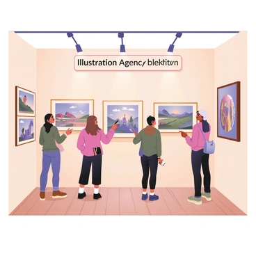 A digital flat illustration depicting a spacious gallery interior featuring multiple framed illustrations on the walls. Each frame contains a different piece of artwork, showcasing vibrant colors and various styles, including characters, landscapes, and abstract designs. In the foreground, a small group of people of diverse backgrounds are engaged in conversation, pointing at the artworks. One person is taking notes on a notepad. The flooring is polished wood, and there are soft spotlights illuminating each piece on display. A large sign above the entrance reads "Illustration Agency Exhibition" in bold letters.