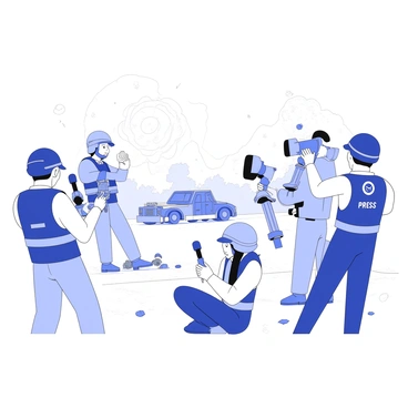 A group of journalists is positioned on a chaotic battlefield. They are equipped with professional cameras and microphones, capturing the intense action. Each journalist is focused on their task, with one holding a microphone and interviewing a soldier. Another journalist is crouched behind cover, adjusting their camera to film a distant explosion. The atmosphere is filled with dust and debris, and in the background, military vehicles are visible, adding to the scene's urgency. The journalists are dressed in protective gear, with helmets and vests marked with press insignia.