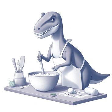 A T-Rex standing upright in a kitchen. It is wearing a white apron tied around its waist. The dinosaur is using its small arms to stir ingredients in a large mixing bowl placed on a countertop. The kitchen is filled with various cooking utensils, and there are ingredients scattered around, such as flour, eggs, and vegetables. The T-Rex has a focused expression, fully engaged in the task of mixing.