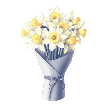 A bouquet of daffodils arranged with their bright trumpet-shaped flowers prominently displayed. The flowers are tightly gathered together, showcasing their distinctive shape and texture. The bouquet is wrapped in textured brown paper, giving it a rustic appearance. The wrapping is secured with twine, which is tied in a neat bow around the stems, adding an element of charm to the presentation.