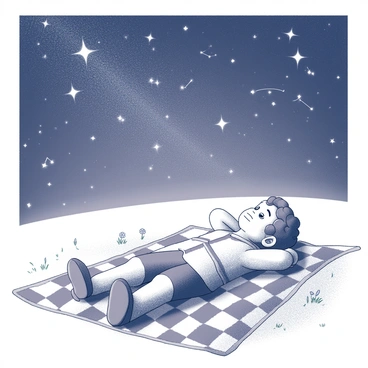 A hobbit lying on a blanket under a starry sky, gazing at constellations