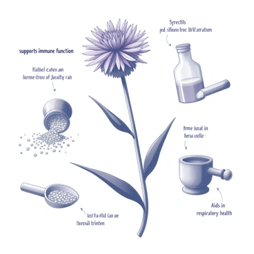 An illustration featuring a detailed representation of an echinacea plant. The plant has prominent purple coneflowers with spiky, central cones. Surrounding the plant are various elements that represent its medicinal uses, such as an open bottle with dried echinacea petals spilling out, a spoon with a herbal tincture, and a small mortar and pestle. There are annotations near each element explaining its use, such as "supports immune function" and "aids in respiratory health." The overall composition captures the essence of the plant and its applications in herbal medicine.